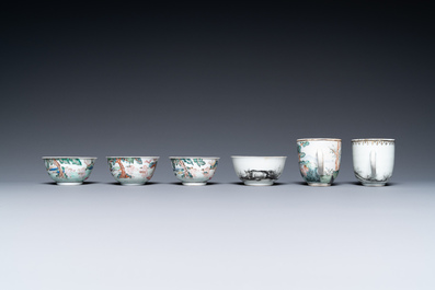 Six rare Chinese famille rose and grisaille cups, Qianlong