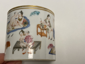 A Chinese famille rose 'erotic subject' brush pot, 1st half 19th C.