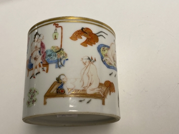 A Chinese famille rose 'erotic subject' brush pot, 1st half 19th C.