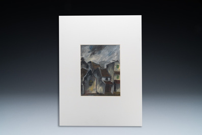 Bui Xuan Phai (Vietnam, 1920-1988): 'Oorlogsvliegtuigen boven huizen in Hanoi', olie op papier, ca. 1972