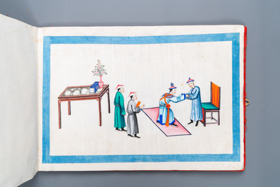 Un album de peintures sur papier de riz, &eacute;tiquettes du magasin Wing Tai Hing et de l'expo de Hanoi en 1902, Chine, Canton, 19/20&egrave;me