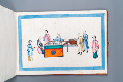Un album de peintures sur papier de riz, &eacute;tiquettes du magasin Wing Tai Hing et de l'expo de Hanoi en 1902, Chine, Canton, 19/20&egrave;me