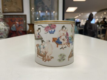 A Chinese famille rose 'erotic subject' brush pot, 1st half 19th C.