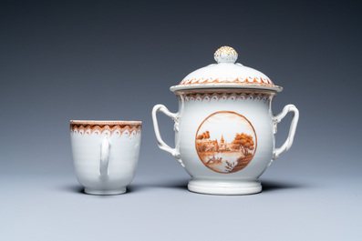 A Chinese covered bowl and a cup with a fine landscape medallion, Qianlong/Jiaqing
