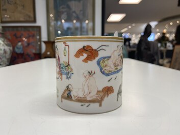 A Chinese famille rose 'erotic subject' brush pot, 1st half 19th C.