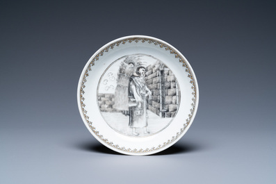 A Chinese grisaille and gilt &lsquo;Provender for the Monastery&rsquo; cup and saucer, Qianlong