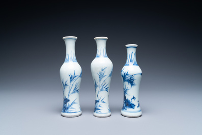Three Chinese blue and white 'Hatcher cargo' bottle vases, Transitional period