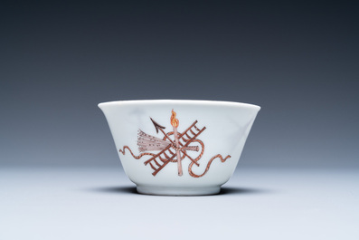 A Chinese Dutch-decorated &lsquo;Crucifixion&rsquo; cup and saucer, Qianlong