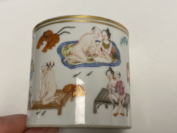 A Chinese famille rose 'erotic subject' brush pot, 1st half 19th C.