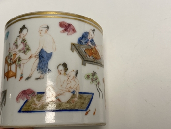 A Chinese famille rose 'erotic subject' brush pot, 1st half 19th C.