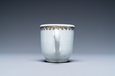 A Chinese grisaille and gilt &lsquo;Provender for the Monastery&rsquo; cup and saucer, Qianlong