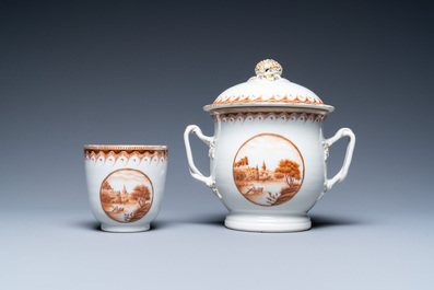 A Chinese covered bowl and a cup with a fine landscape medallion, Qianlong/Jiaqing