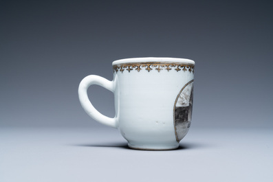 A Chinese grisaille and gilt &lsquo;Provender for the Monastery&rsquo; cup and saucer, Qianlong