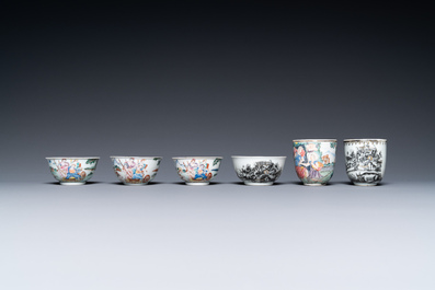 Six rare Chinese famille rose and grisaille cups, Qianlong