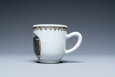 A Chinese grisaille and gilt &lsquo;Provender for the Monastery&rsquo; cup and saucer, Qianlong