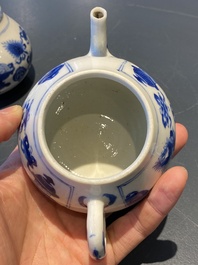 A pair of Chinese blue and white 'antiquities' teapots, Kangxi