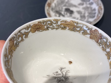 A Chinese grisaille cup and saucer with buffaloes, Yongzheng