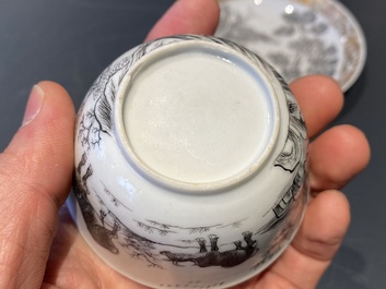 A Chinese grisaille cup and saucer with buffaloes, Yongzheng