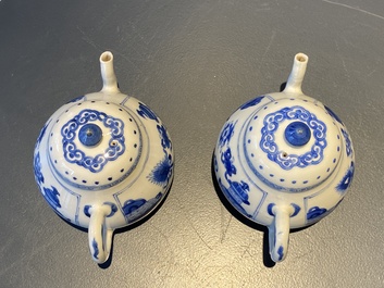 A pair of Chinese blue and white 'antiquities' teapots, Kangxi