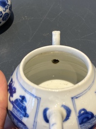 A pair of Chinese blue and white 'antiquities' teapots, Kangxi
