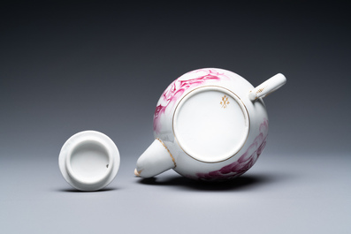 A Tournai porcelain teapot and cover with purple and gilt design of putti, gilt swords and crosses mark, ca. 1765
