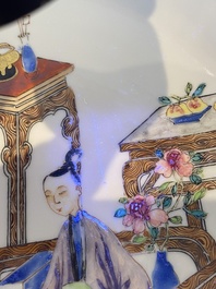 A fine Chinese famille rose plate with a mother, her son and their servant in an interior, Yongzheng