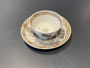 A Chinese grisaille cup and saucer with buffaloes, Yongzheng