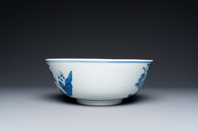 Three Chinese blue and white dishes and a bowl, 19th C.