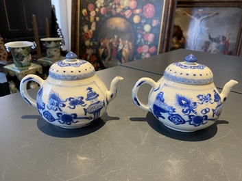 A pair of Chinese blue and white 'antiquities' teapots, Kangxi