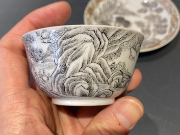 A Chinese grisaille cup and saucer with buffaloes, Yongzheng