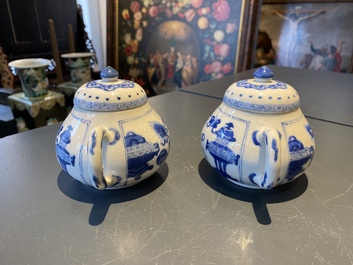 A pair of Chinese blue and white 'antiquities' teapots, Kangxi