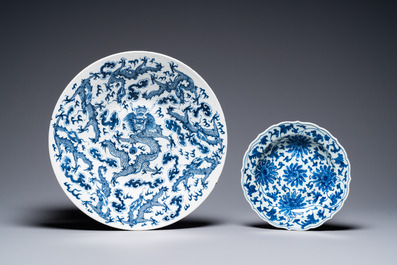 A Chinese blue and white 'dragon' dish and seven floral plates, Kangxi and later