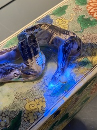 A rare Chinese famille verte rectangular scroll weight, Kangxi