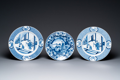 Three Chinese blue and white dishes and a bowl, 19th C.