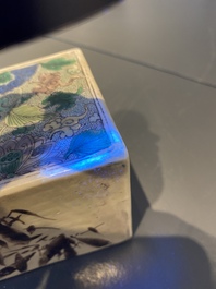 A rare Chinese famille verte rectangular scroll weight, Kangxi