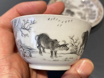 A Chinese grisaille cup and saucer with buffaloes, Yongzheng