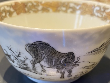 A Chinese grisaille cup and saucer with buffaloes, Yongzheng