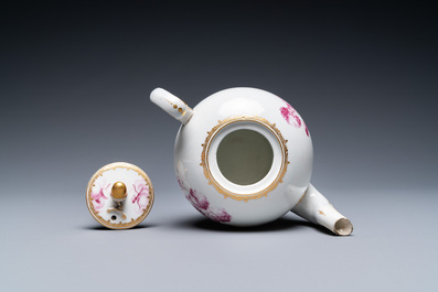A Tournai porcelain teapot and cover with purple and gilt design of putti, gilt swords and crosses mark, ca. 1765