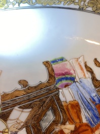 A fine Chinese famille rose plate with a mother, her son and their servant in an interior, Yongzheng