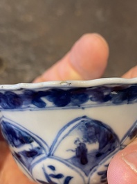 Three Chinese blue and white lotus-shaped 'acupuncture' cups and saucers, Kangxi