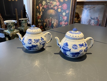 A pair of Chinese blue and white 'antiquities' teapots, Kangxi