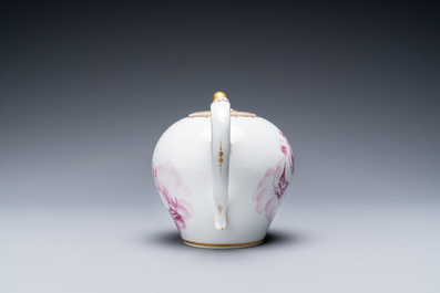 A Tournai porcelain teapot and cover with purple and gilt design of putti, gilt swords and crosses mark, ca. 1765