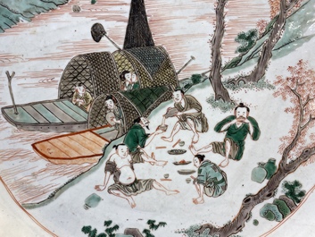 A Chinese famille verte dish with a kissing couple in a boat, Kangxi