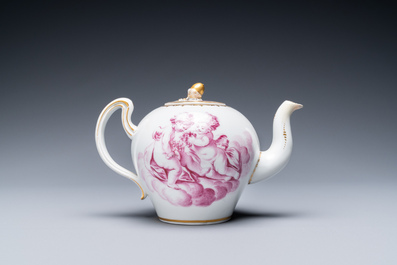 A Tournai porcelain teapot and cover with purple and gilt design of putti, gilt swords and crosses mark, ca. 1765