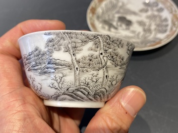 A Chinese grisaille cup and saucer with buffaloes, Yongzheng
