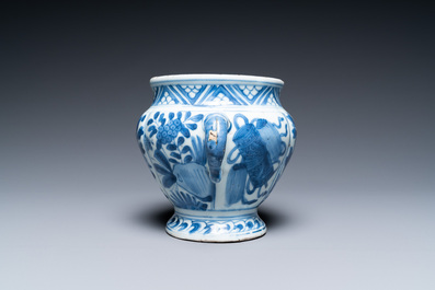 A rare Chinese blue and white kraak porcelain two-handled jarlet on foot, Wanli