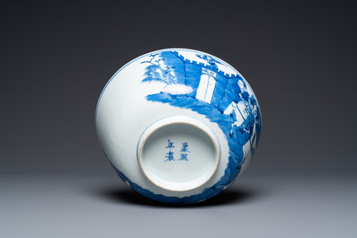 Three Chinese blue and white dishes and a bowl, 19th C.