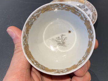 A Chinese grisaille cup and saucer with buffaloes, Yongzheng