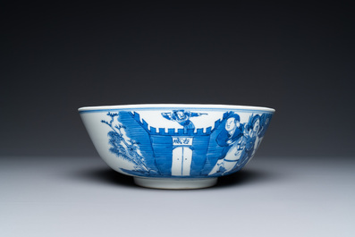 Three Chinese blue and white dishes and a bowl, 19th C.