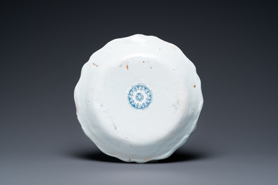 A fine polychrome French faience 'chinoiserie' dish with lobed border, Rouen, 1st half 18th C.